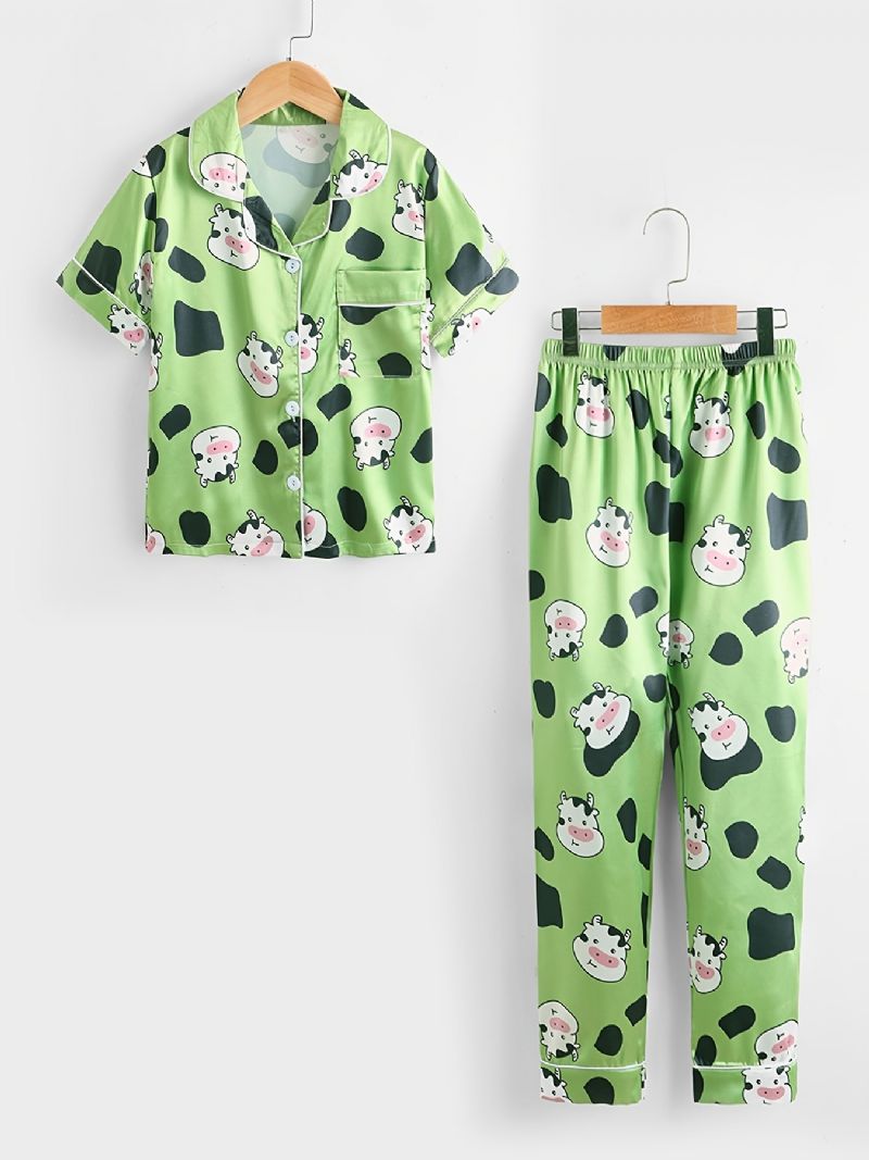 Børn Piger Drenge Komønster Satin Lounge Wear Hjemmetøj Kortærmede Top & Matchende Buksesæt Børnetøj Pyjamassæt