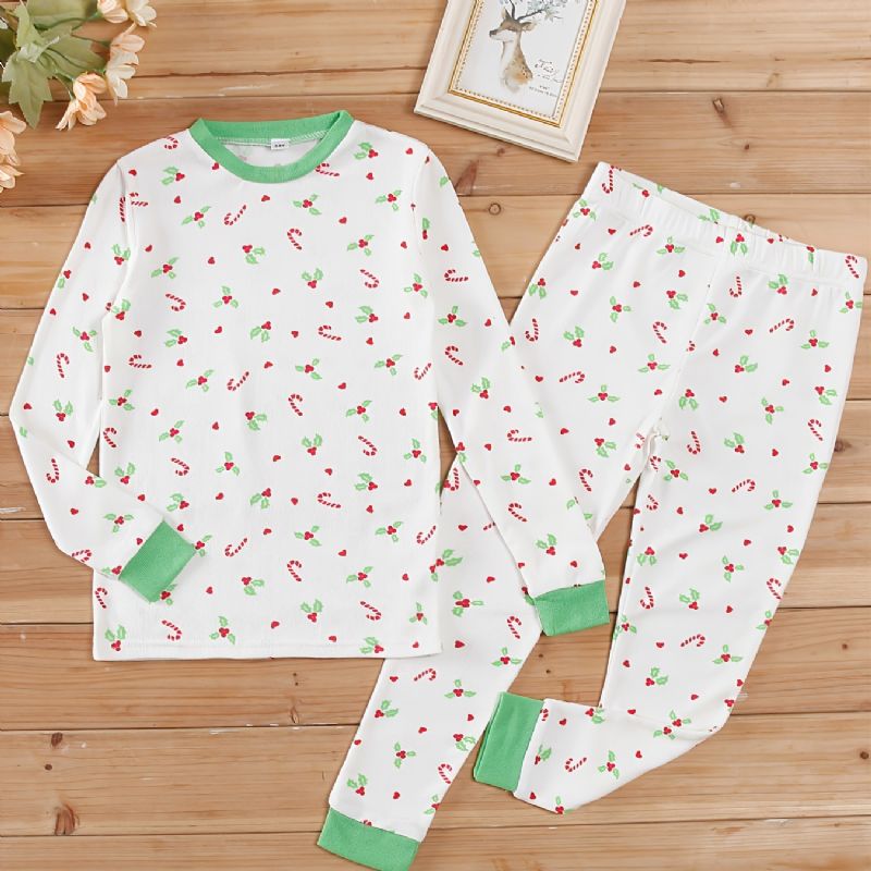 Børnejulepyjamas Sødt Print Med Rund Hals Og Langærmet Top Og Bukser Sæt Til Drenge Piger