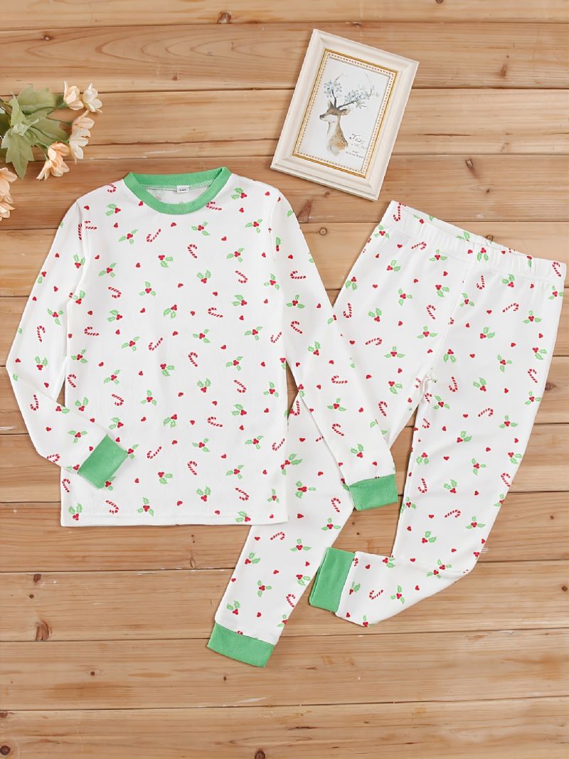Børnejulepyjamas Sødt Print Med Rund Hals Og Langærmet Top Og Bukser Sæt Til Drenge Piger