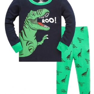 Drenge Lounge Wear Homewear Langærmet Top Og Matchende Bukser Sæt Med Tegneserie Dinosaur Print Pyjamas Sæt