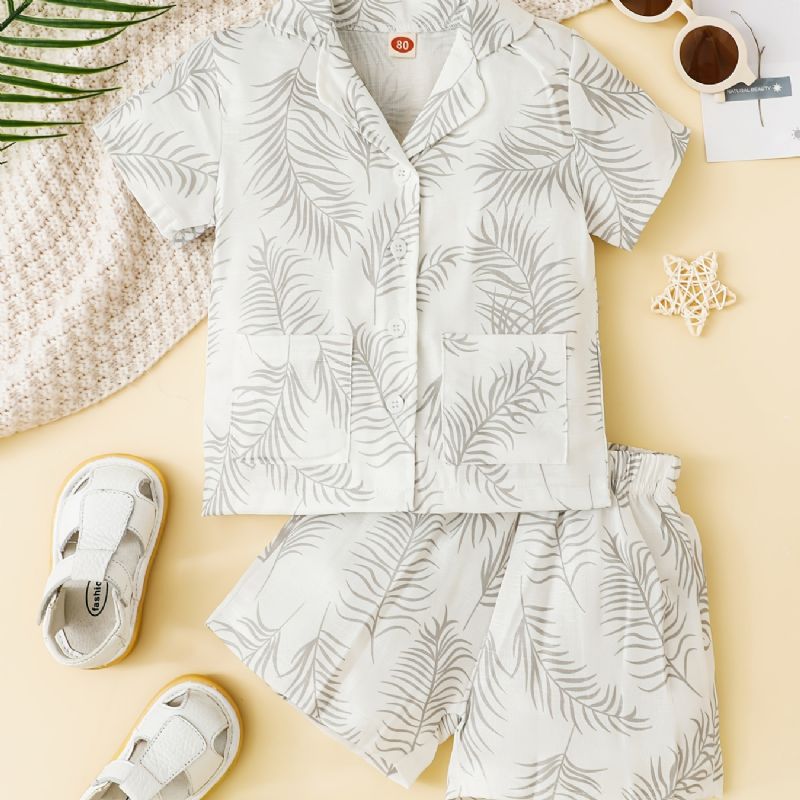 Drenge Plante Print Kortærmet Skjorte Med Lommer + Shorts Sæt Pyjamas Børnetøj