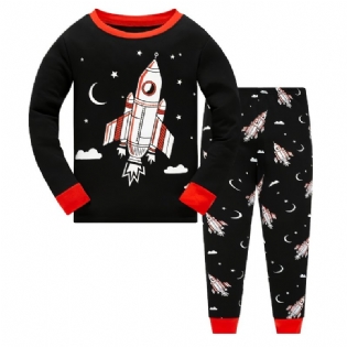 Drenge Pyjamas Rocket Print Glow-in-the-mørke Rundhalset Langærmet Top Og Bukser Sæt