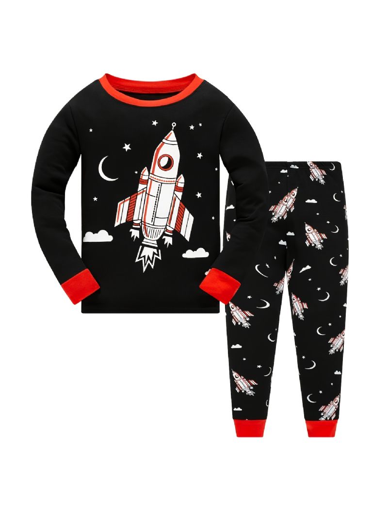 Drenge Pyjamas Rocket Print Glow-in-the-mørke Rundhalset Langærmet Top Og Bukser Sæt