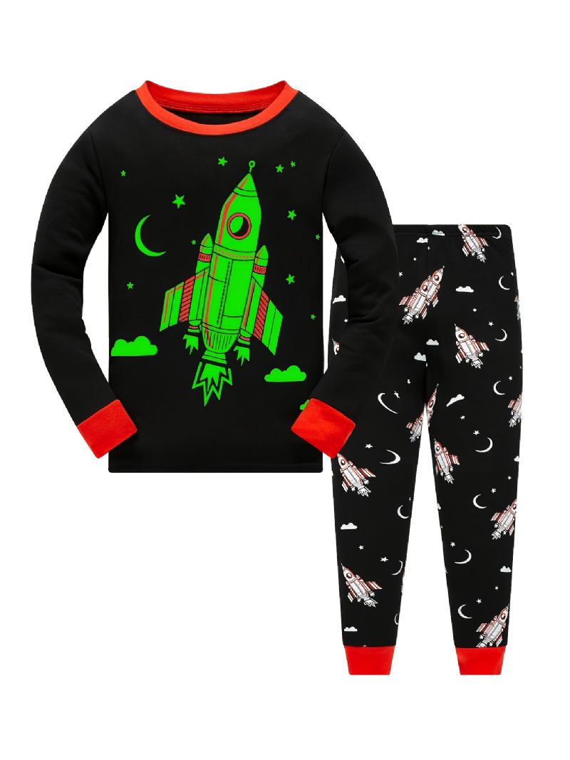 Drenge Pyjamas Rocket Print Glow-in-the-mørke Rundhalset Langærmet Top Og Bukser Sæt
