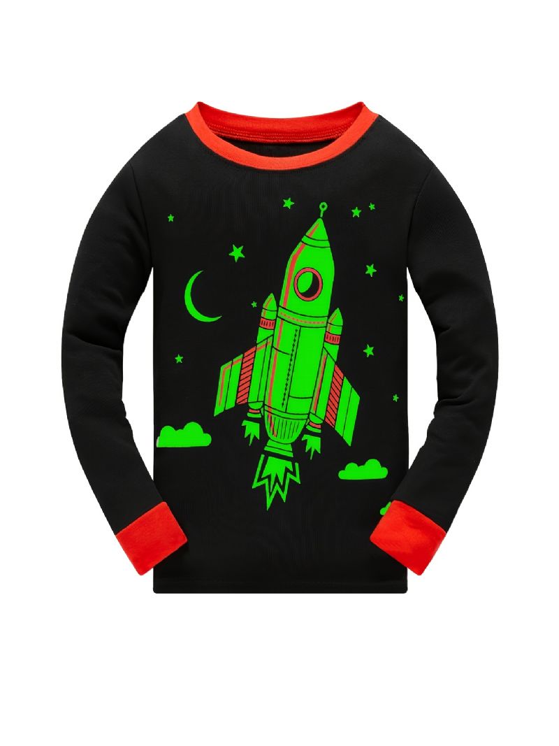 Drenge Pyjamas Rocket Print Glow-in-the-mørke Rundhalset Langærmet Top Og Bukser Sæt