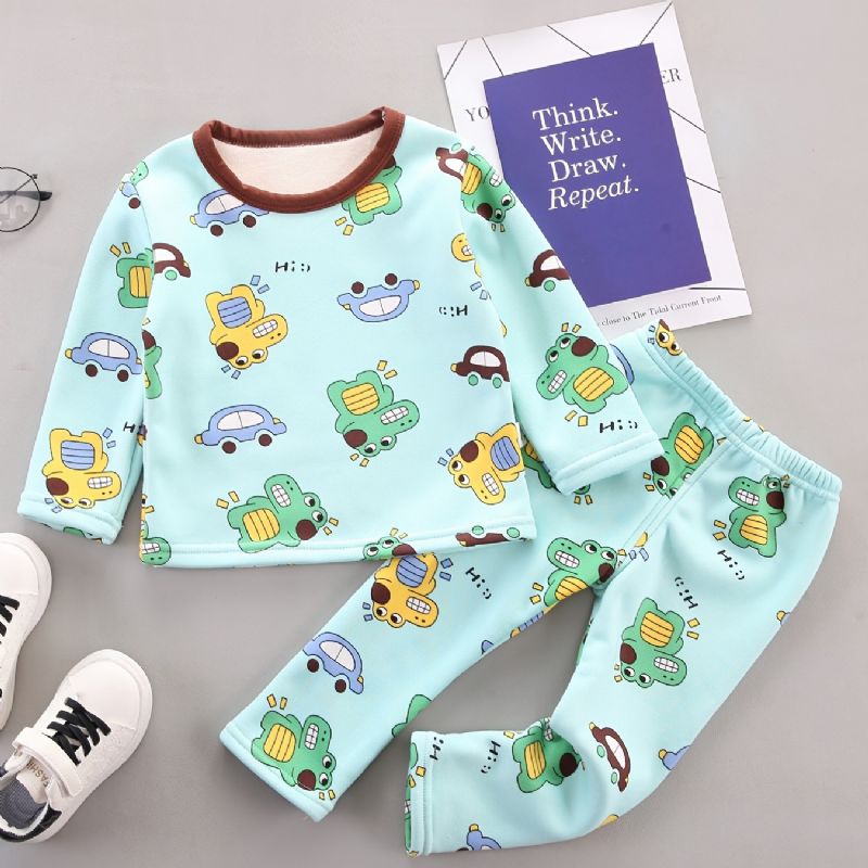 Efterår Vinter Børn Casual Dinosaur Printet Fleece Langærmede Bukser Pyjamas Sæt