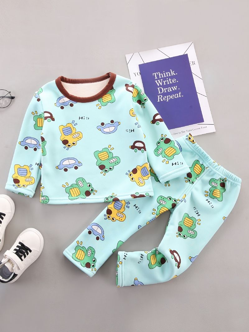 Efterår Vinter Børn Casual Dinosaur Printet Fleece Langærmede Bukser Pyjamas Sæt