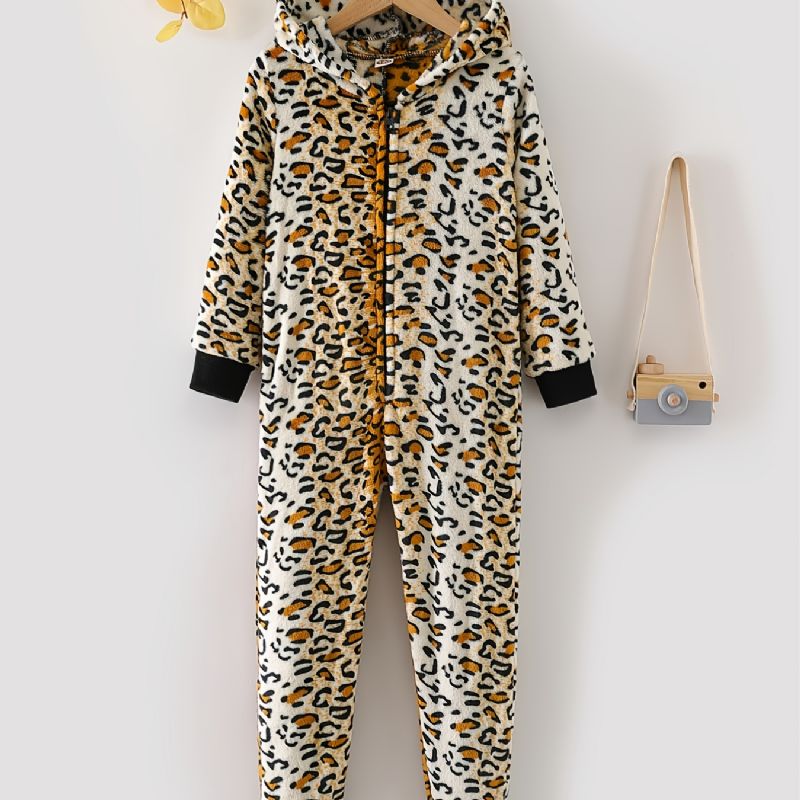 Leopardprintet Pyjamas Med Hætte I Flannel Med Lynlås Til Børn