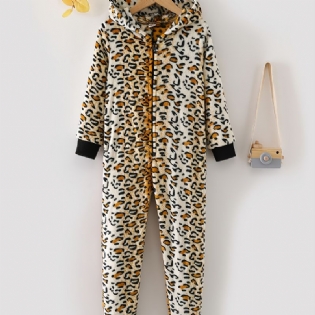 Leopardprintet Pyjamas Med Hætte I Flannel Med Lynlås Til Børn