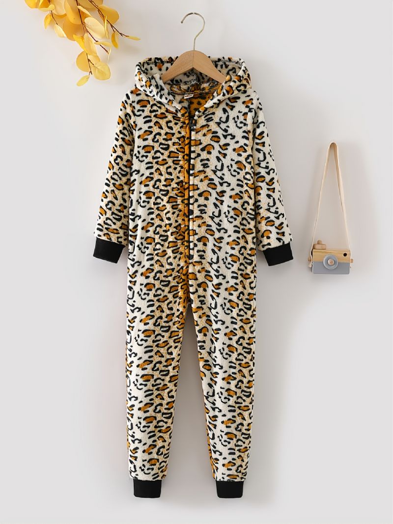 Leopardprintet Pyjamas Med Hætte I Flannel Med Lynlås Til Børn