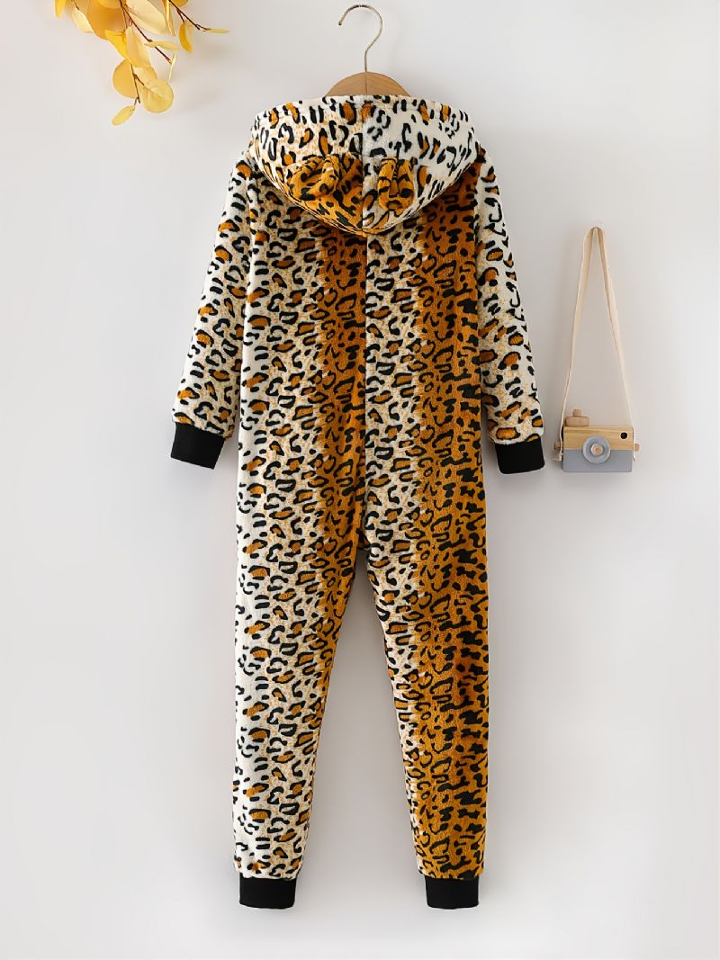 Leopardprintet Pyjamas Med Hætte I Flannel Med Lynlås Til Børn