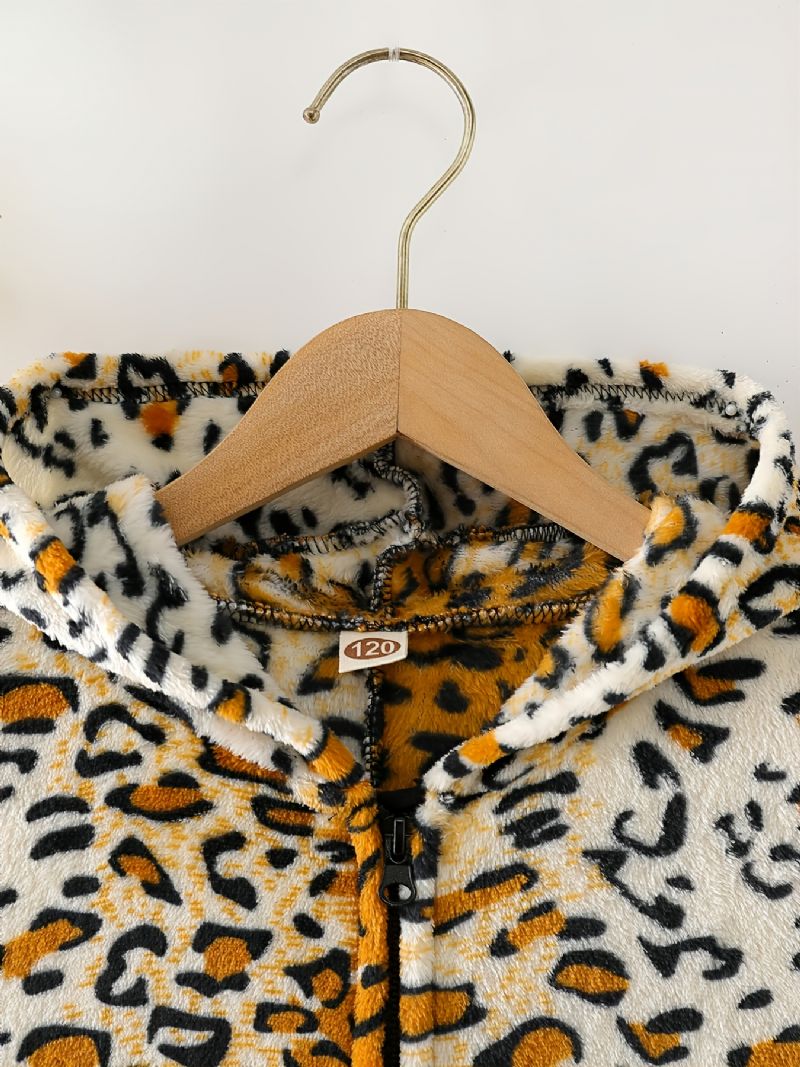 Leopardprintet Pyjamas Med Hætte I Flannel Med Lynlås Til Børn