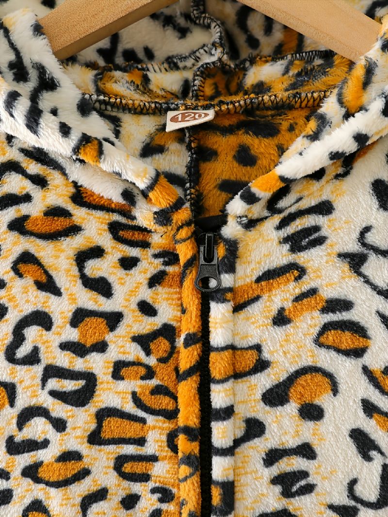 Leopardprintet Pyjamas Med Hætte I Flannel Med Lynlås Til Børn