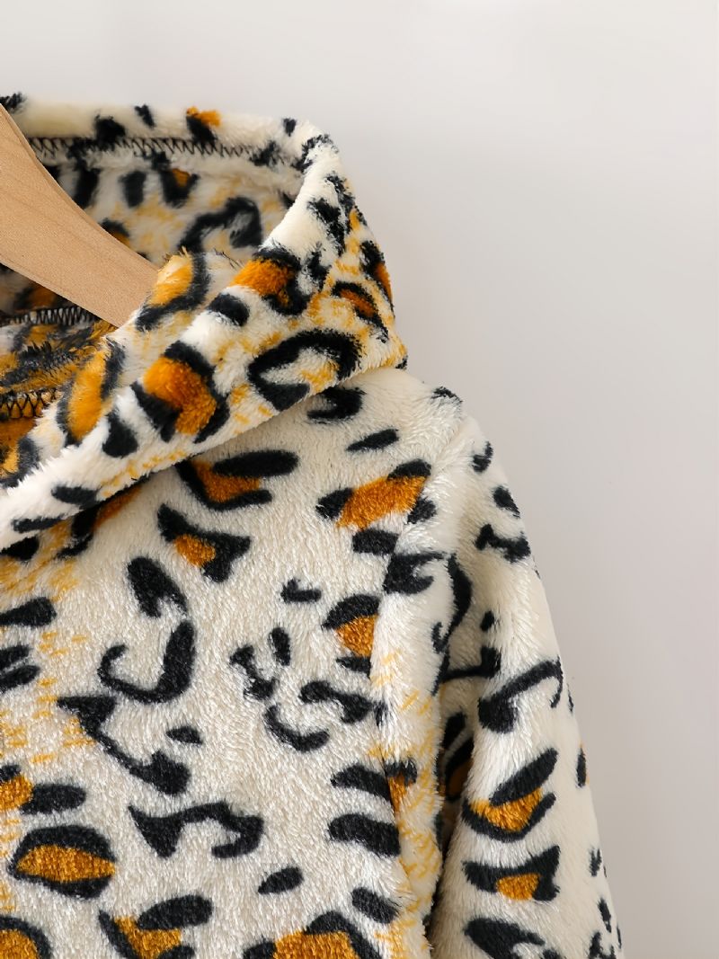 Leopardprintet Pyjamas Med Hætte I Flannel Med Lynlås Til Børn