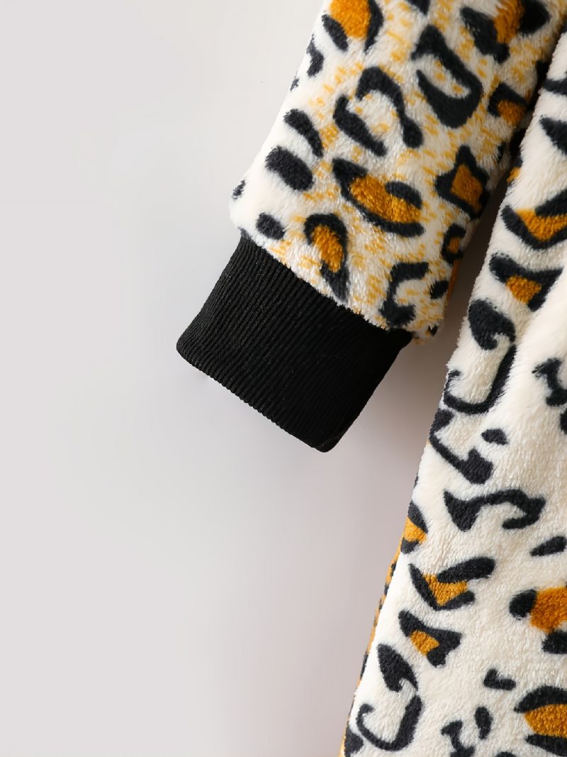 Leopardprintet Pyjamas Med Hætte I Flannel Med Lynlås Til Børn