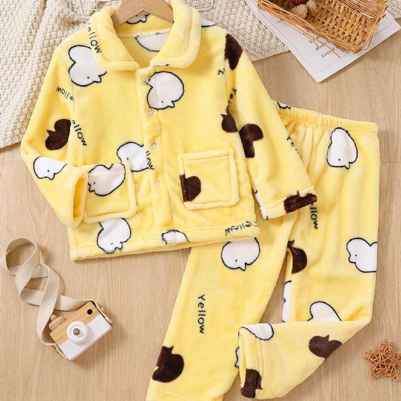 Ny Efterår Vinter Drenge Og Piger Fortykket Flannel Chick Print Langærmet Pyjamas