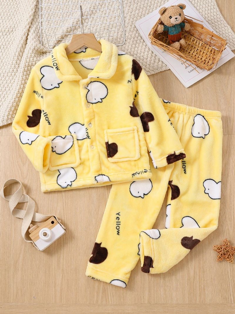 Ny Efterår Vinter Drenge Og Piger Fortykket Flannel Chick Print Langærmet Pyjamas