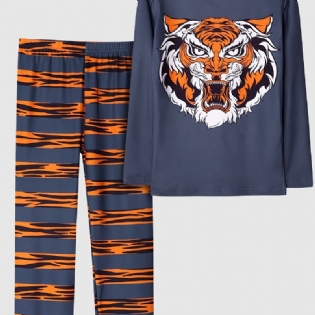 Piger Pyjamas Familie Outfit Tiger Print Rund Hals Langærmet Top Og Bukser Sæt Børnetøj