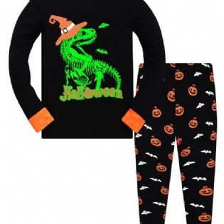 Popshion 2 Stk Drenge Halloween Fluorescerende Tegneserie Dinosaur Glødende Skelet Knogler Langærmet Pyjamas Bomuldsdragt