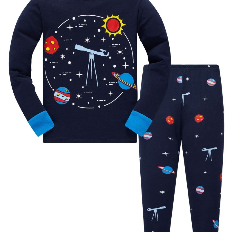 Popshion 2 Stk Drenge Starry Sky Cosmic Planet Langærmet Pyjamas Bomuldsdragt