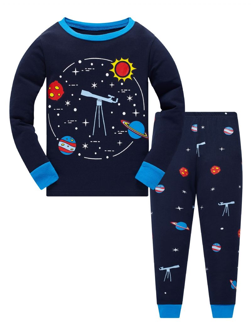 Popshion 2 Stk Drenge Starry Sky Cosmic Planet Langærmet Pyjamas Bomuldsdragt