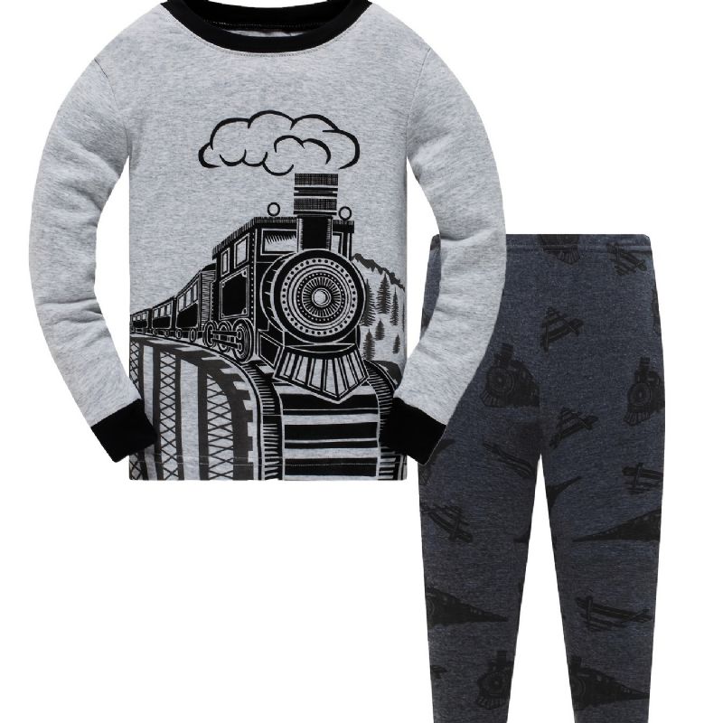 Popshion 2stk Drenge Train Cartoon Langærmet Pyjamas Bomuld Homewear Suit