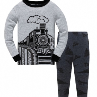 Popshion 2stk Drenge Train Cartoon Langærmet Pyjamas Bomuld Homewear Suit