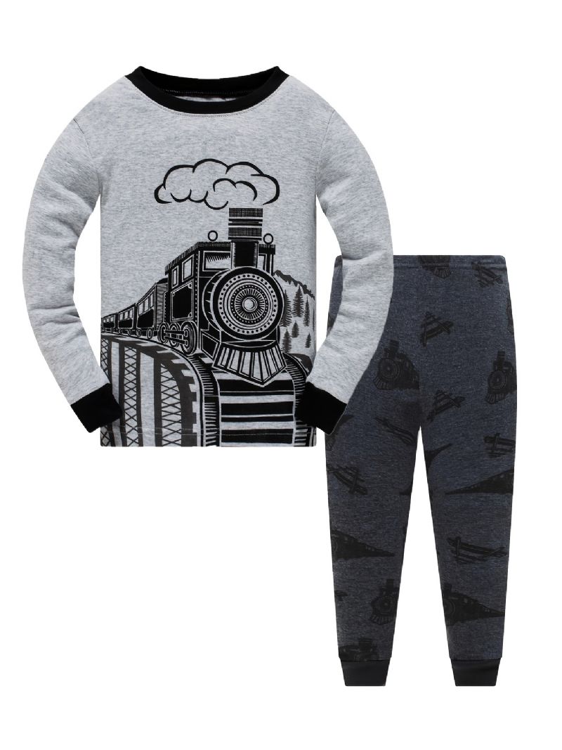 Popshion 2stk Drenge Train Cartoon Langærmet Pyjamas Bomuld Homewear Suit