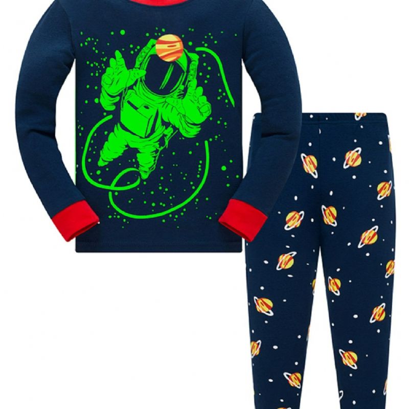 Popshion Drenge Fluorescerende Astronaut Star Universe Top & Contrast Trim Pyjamasbuksesæt
