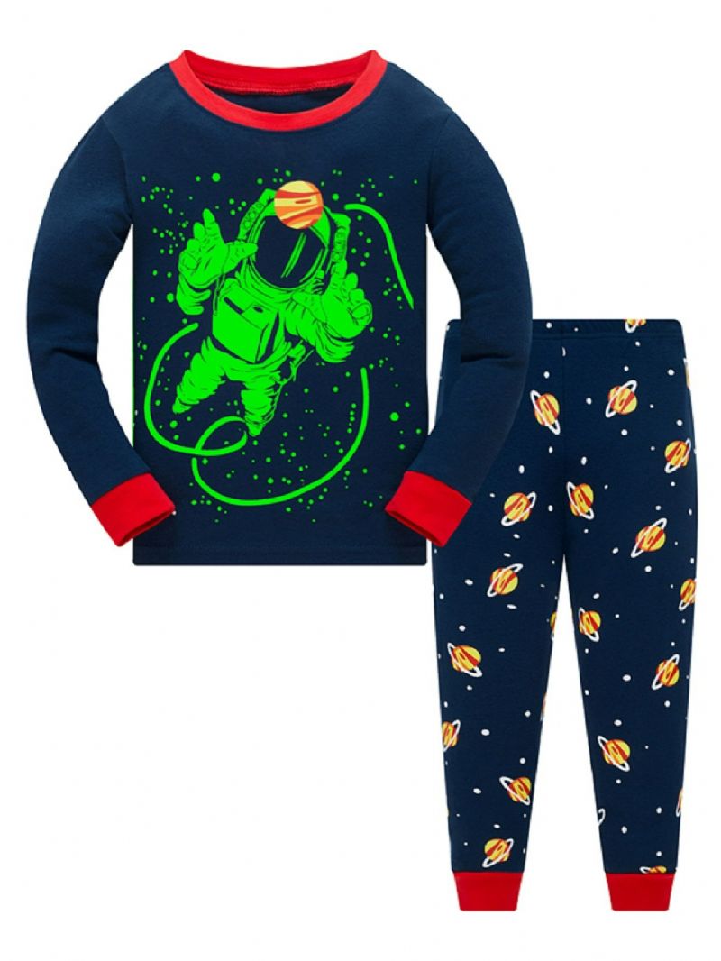Popshion Drenge Fluorescerende Astronaut Star Universe Top & Contrast Trim Pyjamasbuksesæt