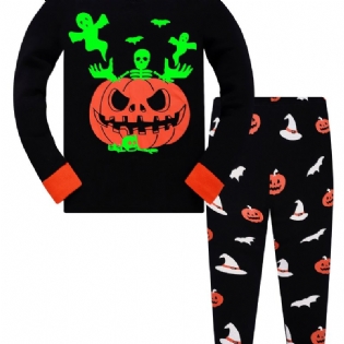 Popshion Drenge Fluorescerende Halloween Græskar Skull Bat Langærmet Pyjamas Bukser Sæt
