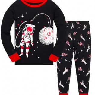 Popshion Drenge Lysende Astronaut Star Moon Rumskib Top & Contrast Trim Pyjamas Buks Sæt