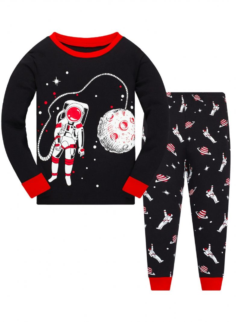 Popshion Drenge Lysende Astronaut Star Moon Rumskib Top & Contrast Trim Pyjamas Buks Sæt