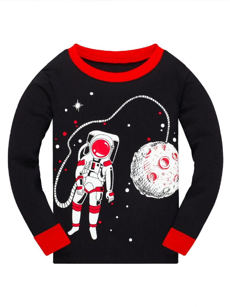 Popshion Drenge Lysende Astronaut Star Moon Rumskib Top & Contrast Trim Pyjamas Buks Sæt