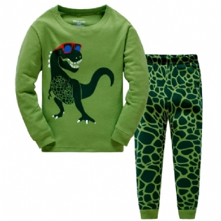 Popshion Drenge Pyjame Sæt 2 Stk Casual Dinosaur Crewneck Army Green Loungewear