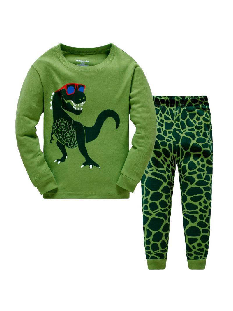 Popshion Drenge Pyjame Sæt 2 Stk Casual Dinosaur Crewneck Army Green Loungewear