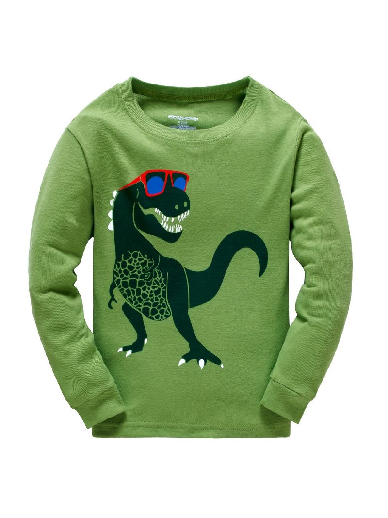 Popshion Drenge Pyjame Sæt 2 Stk Casual Dinosaur Crewneck Army Green Loungewear