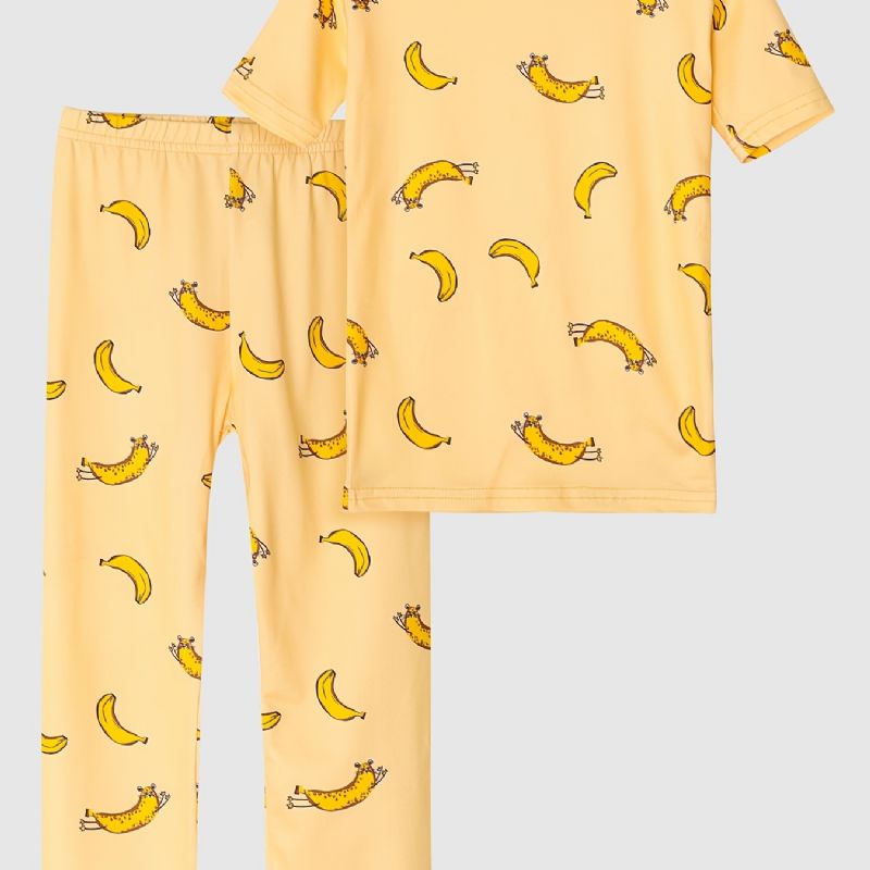 Pyjamas Til Børn Banantryk Med Rund Hals Med Korte Ærmer Og Bukser Til Drenge Piger