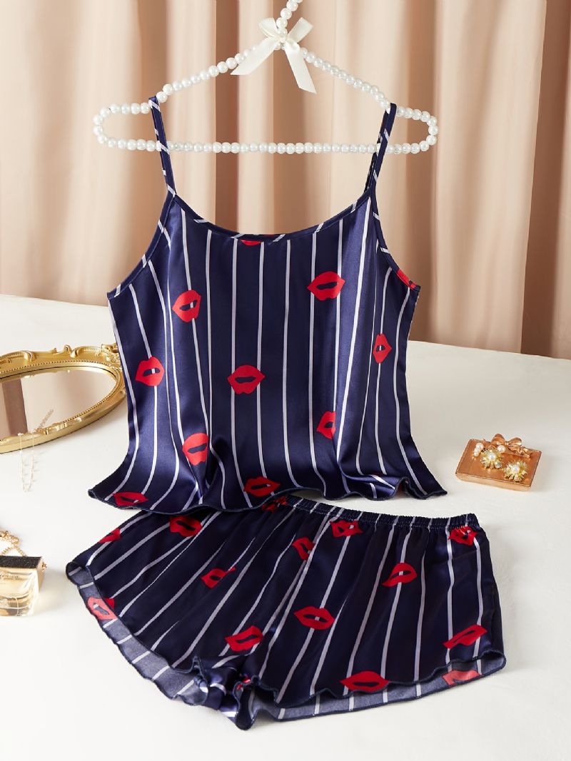 Silkebløde Læber Mønster Satin Pyjamas Crop Cami Top & Drenge Shorts Sæt Dameundertøj Og Nattøj