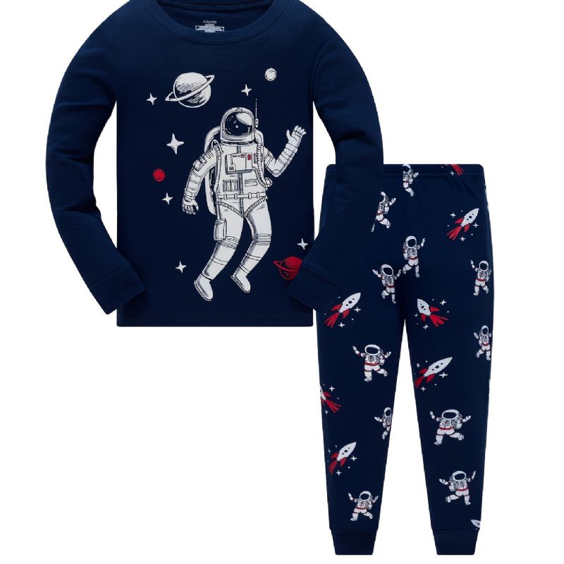 Småbørn Børn Drenge Pyjamassæt Langærmede Top & Bukser Sæt Med Astronautmønster Til Efterår Og Vinter Ny