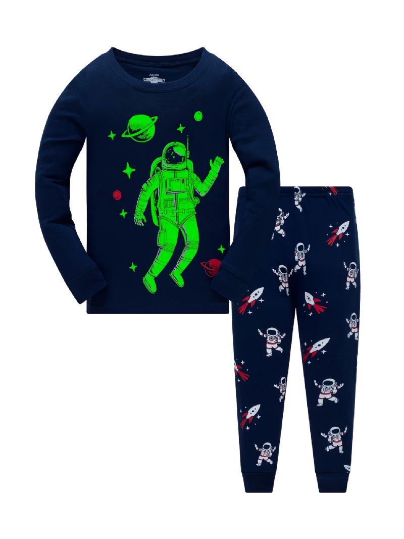 Småbørn Børn Drenge Pyjamassæt Langærmede Top & Bukser Sæt Med Astronautmønster Til Efterår Og Vinter Ny