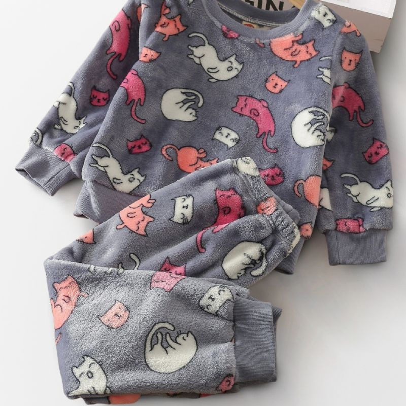 Sød Kitty Langærmet Fleece Pyjamas Sæt Til Børn