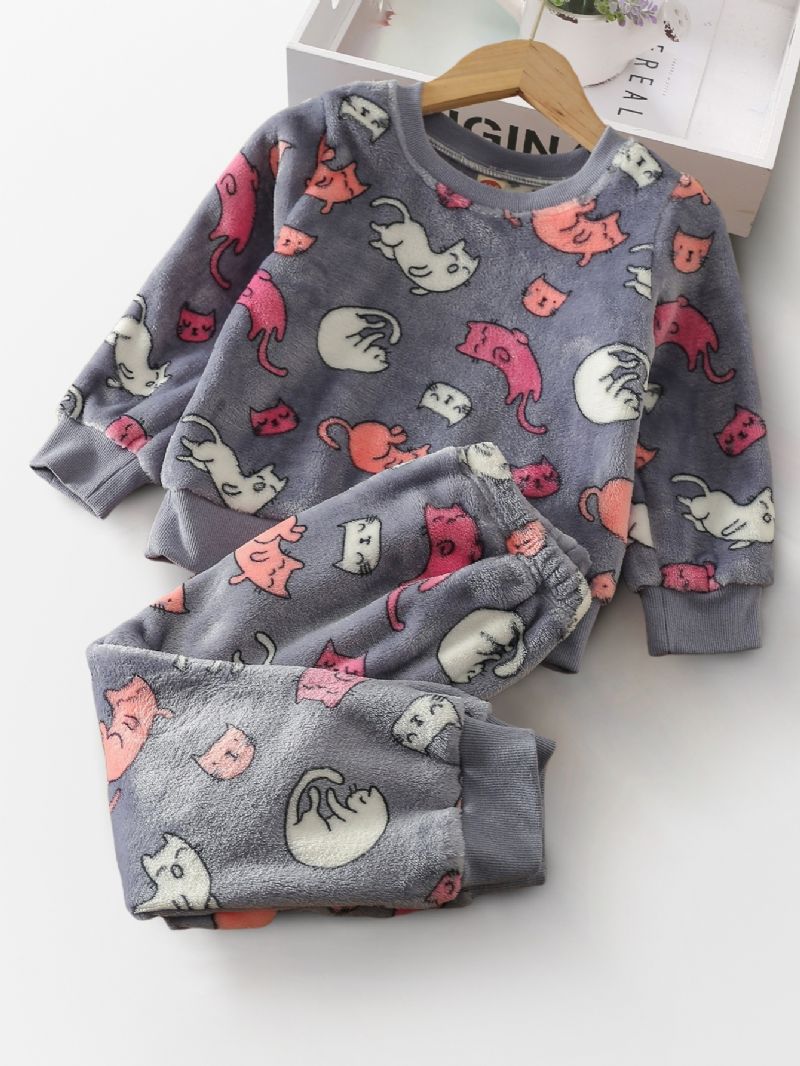 Sød Kitty Langærmet Fleece Pyjamas Sæt Til Børn