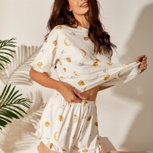 Sød Og Behagelig Komfortabel Pyjamas Med Kortærmet Flæser Top & Drengeshorts Sæt Loungetøj Og Nattøj Til Kvinder