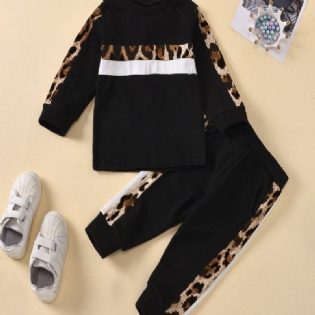 Stribet Sweatshirt Med Leopardtryk Til Børn Joggerbukser Pyjamassæt