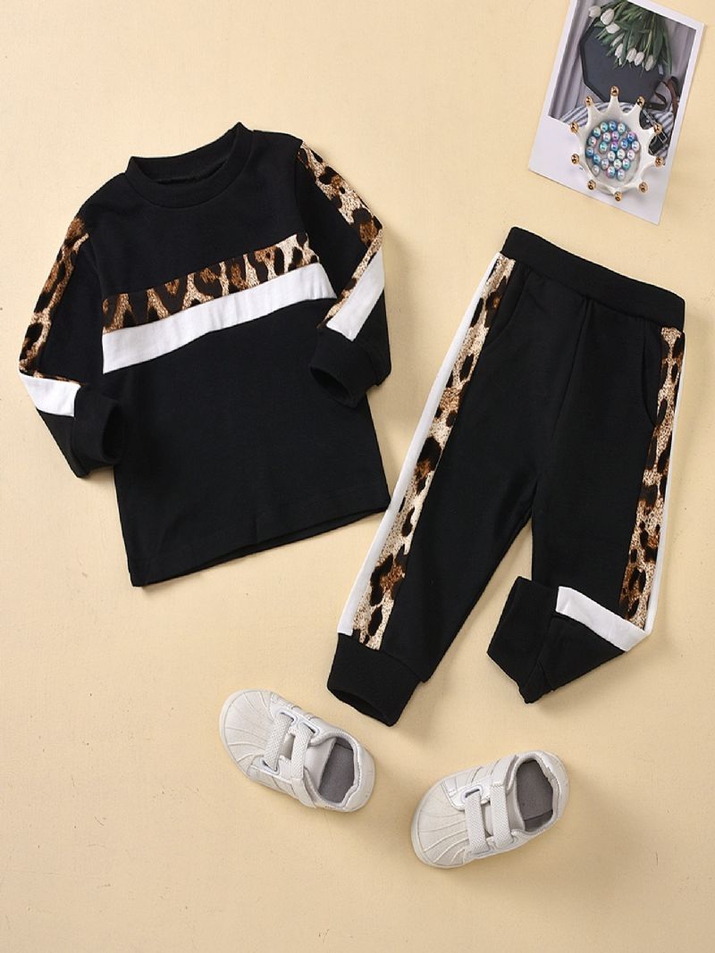 Stribet Sweatshirt Med Leopardtryk Til Børn Joggerbukser Pyjamassæt