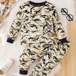 Toddler Drenge Flannel Camo Print Crew Neck Pullover Sweatshirt Pyjamas Sæt