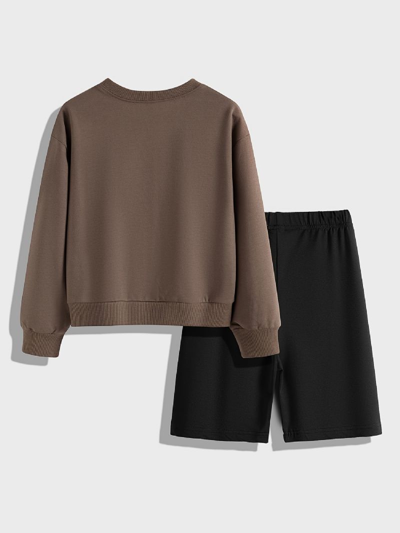 2 Stk Børnepiger Pullover Rundhalset Langærmet Sweatshirt & Shorts Sæt Børnetøj