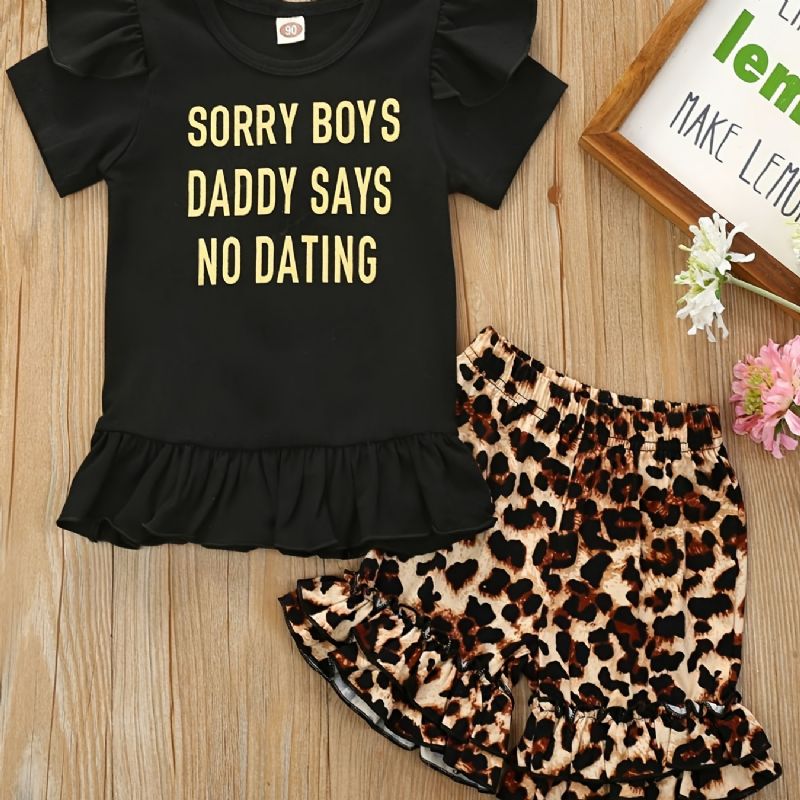 2 Stk Piger Letter Print Kortærmet Skjorte Top Leopard Shorts Sæt Tøj