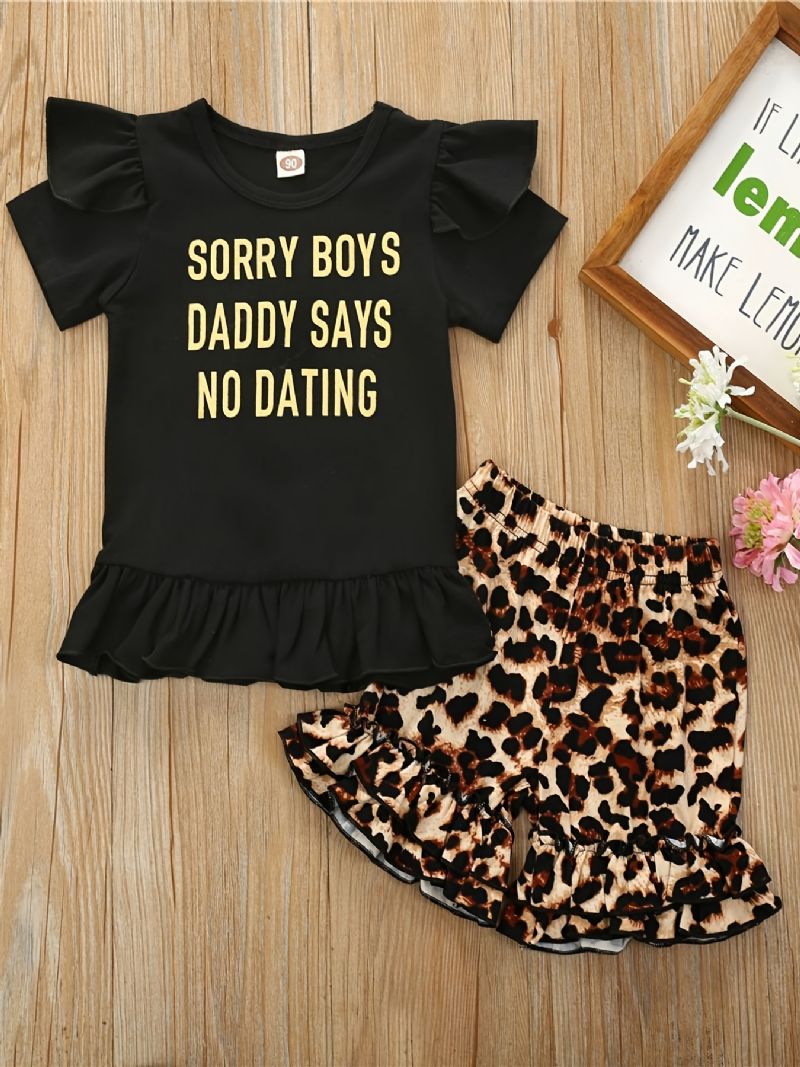 2 Stk Piger Letter Print Kortærmet Skjorte Top Leopard Shorts Sæt Tøj